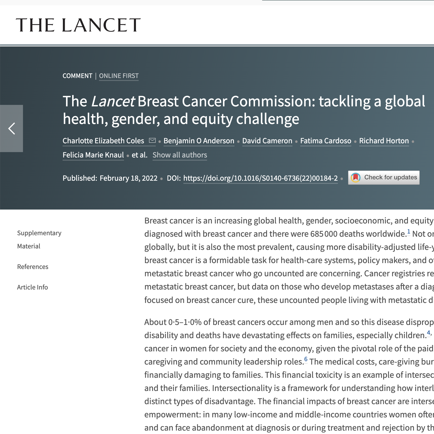 The Lancet Breast Cancer Commission: tackling a global health, gender, and equity challenge